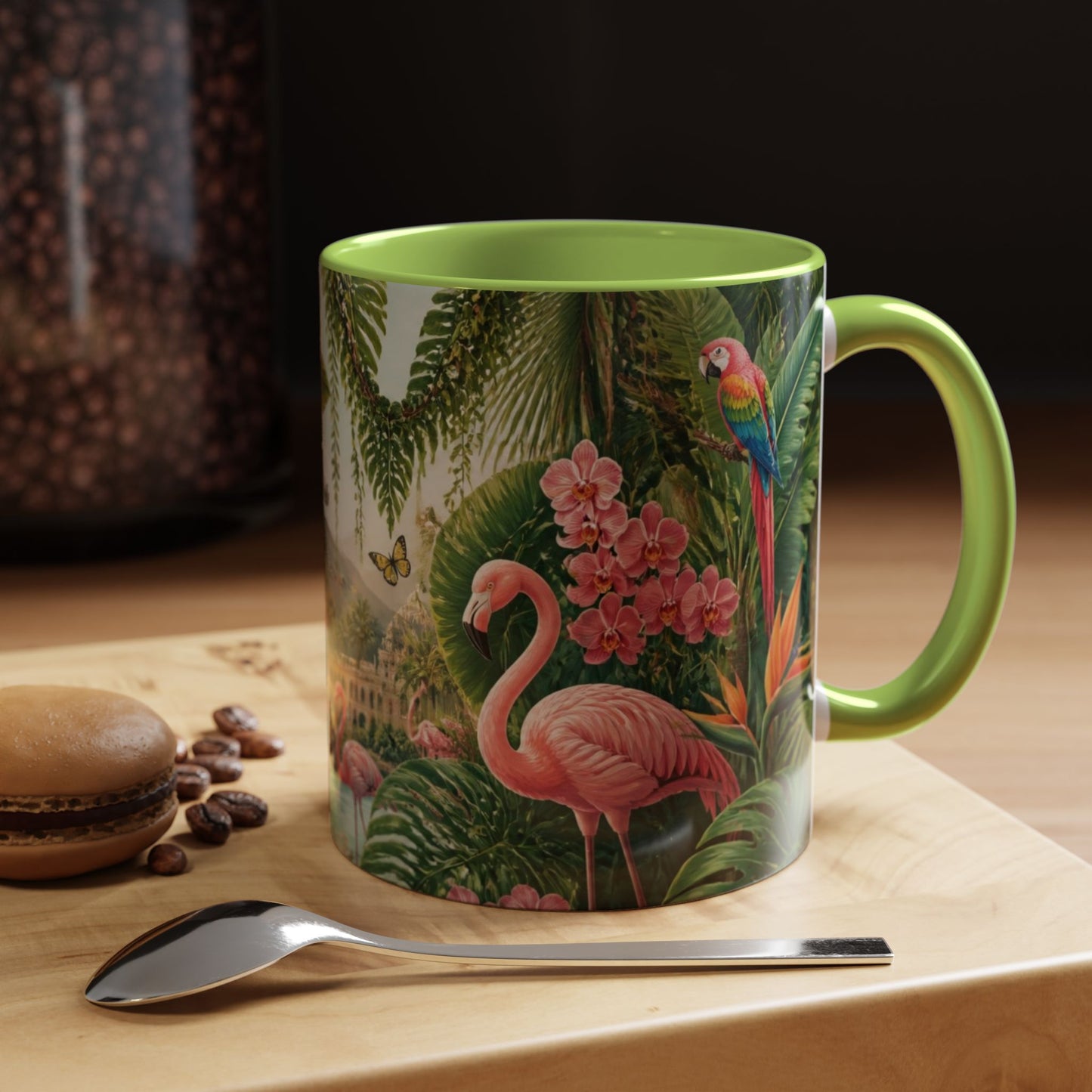 Tropical Flamingo Accent Mug — Colorful Parrot & Palm Coffee Cup
