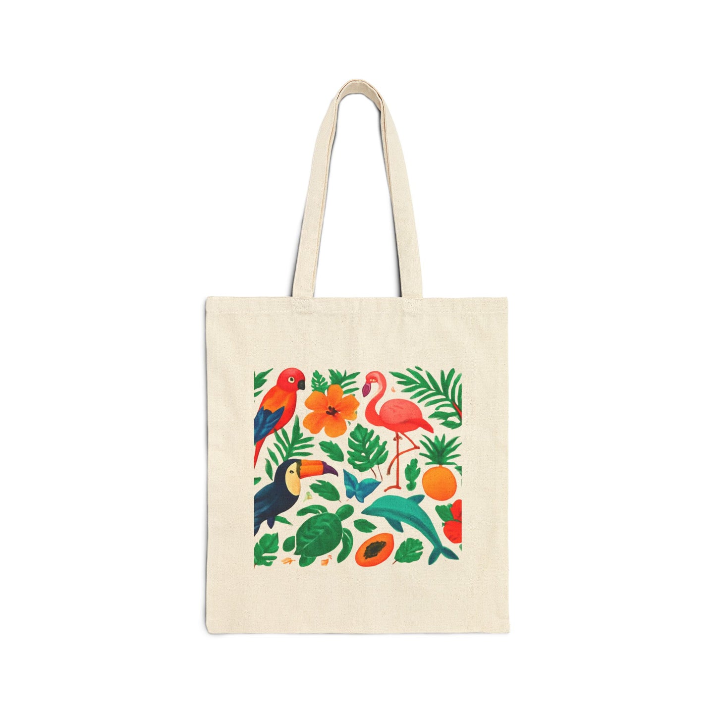 Tote Bag — Tropical Birds Canvas Tote (Flamingo, Toucan & Parrot Print)