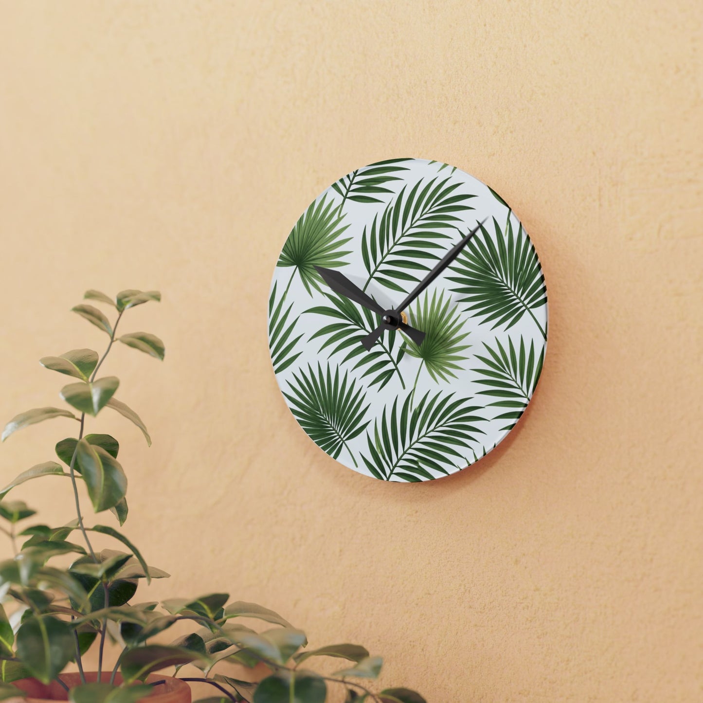 Tropical Palm Leaf Acrylic Wall Clock — Botanical Green Home Decor