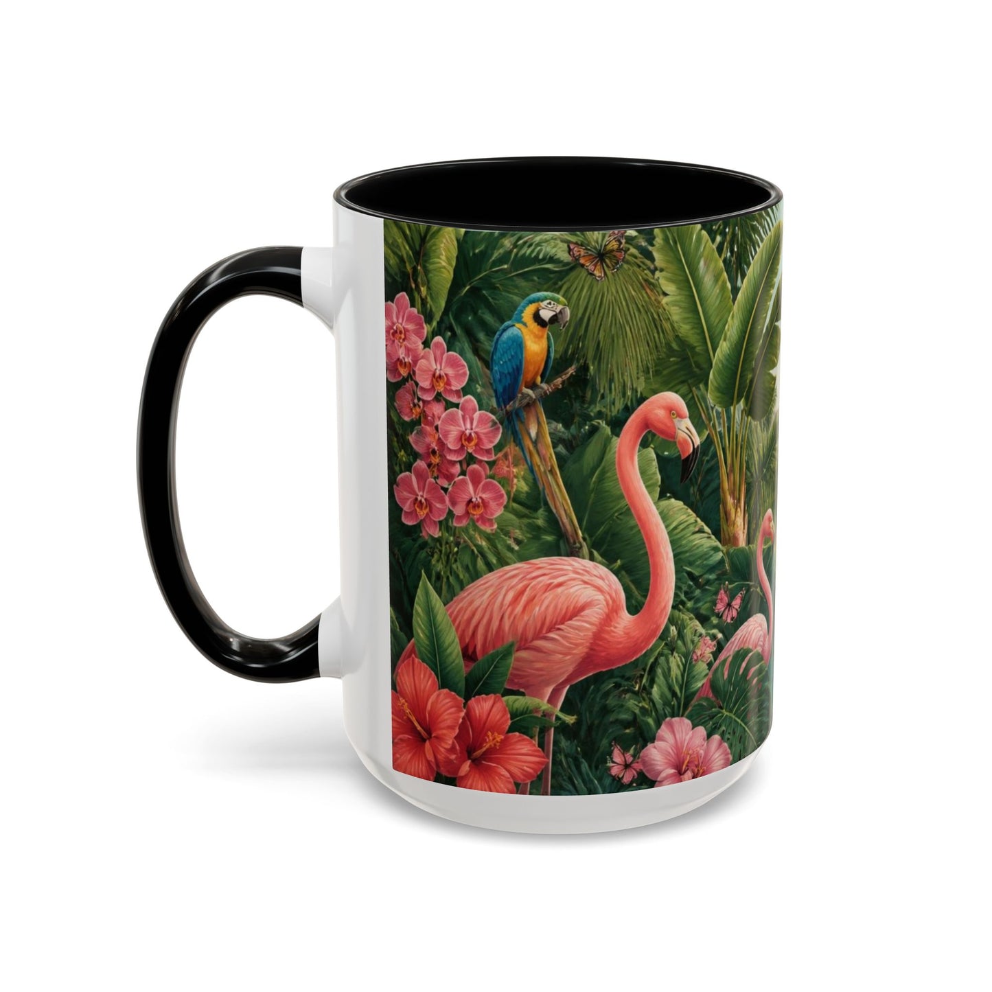 Tropical Flamingo Accent Mug — Colorful Parrot & Palm Coffee Cup