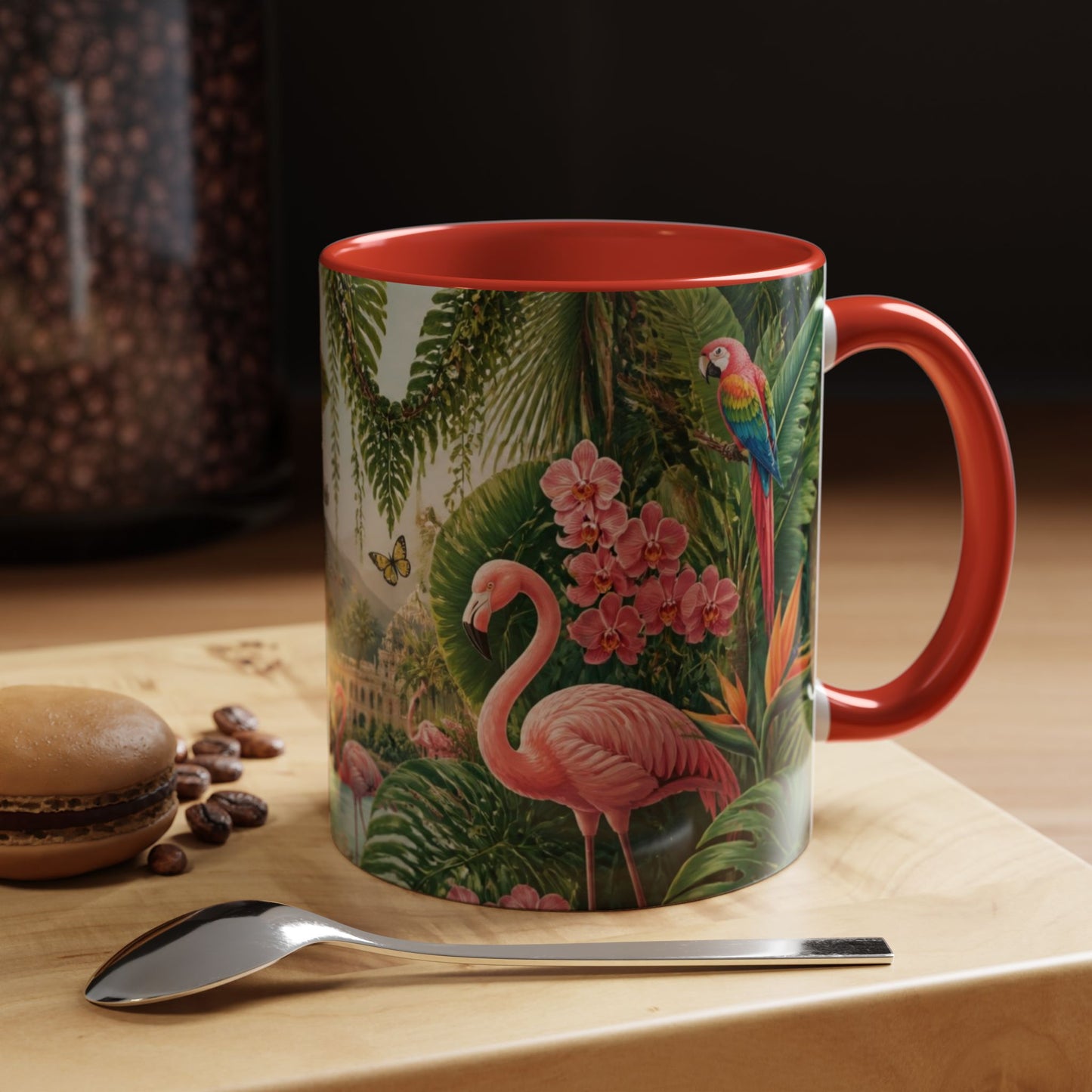 Tropical Flamingo Accent Mug — Colorful Parrot & Palm Coffee Cup