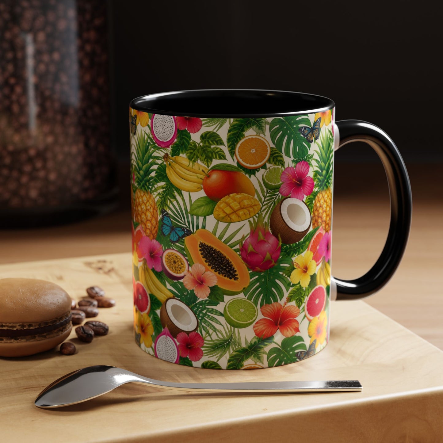 Tropical Fruit Coffee Mug — Colorful Pineapple & Hibiscus Accent Ceramic Mug (11/15oz)