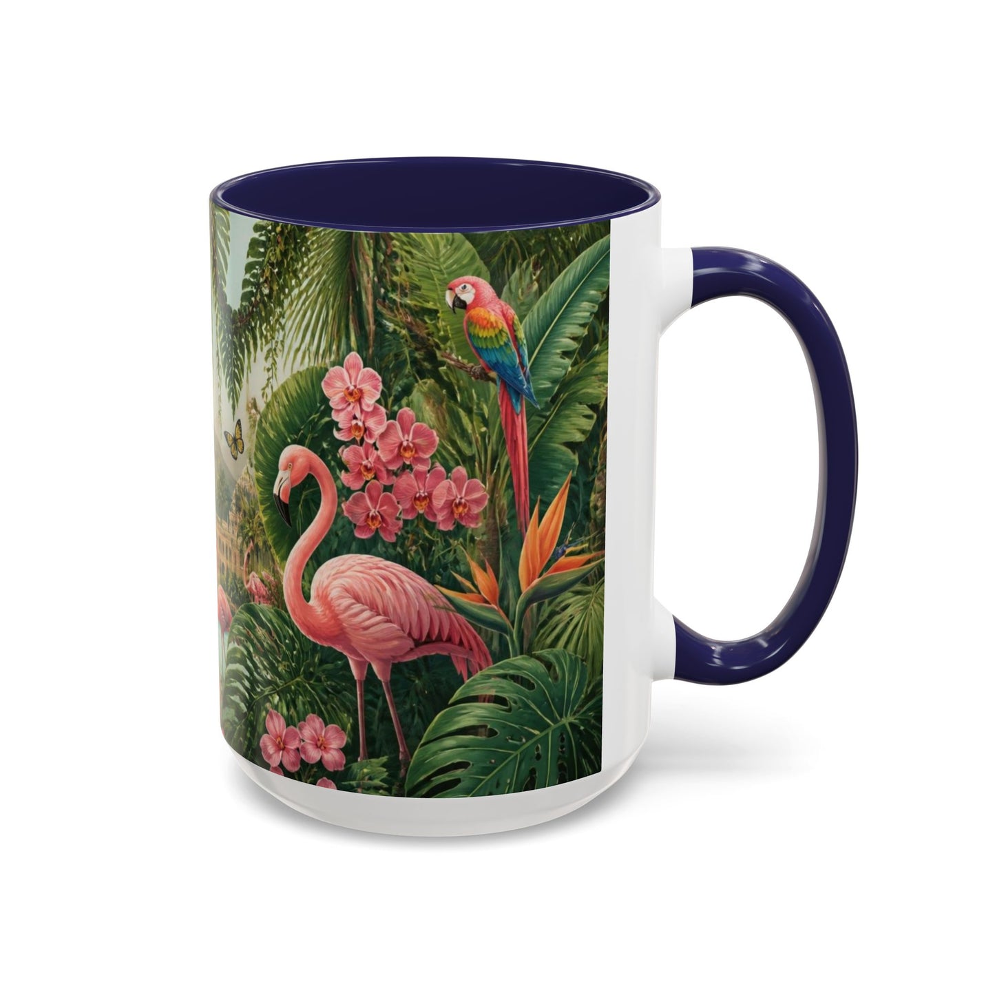 Tropical Flamingo Accent Mug — Colorful Parrot & Palm Coffee Cup