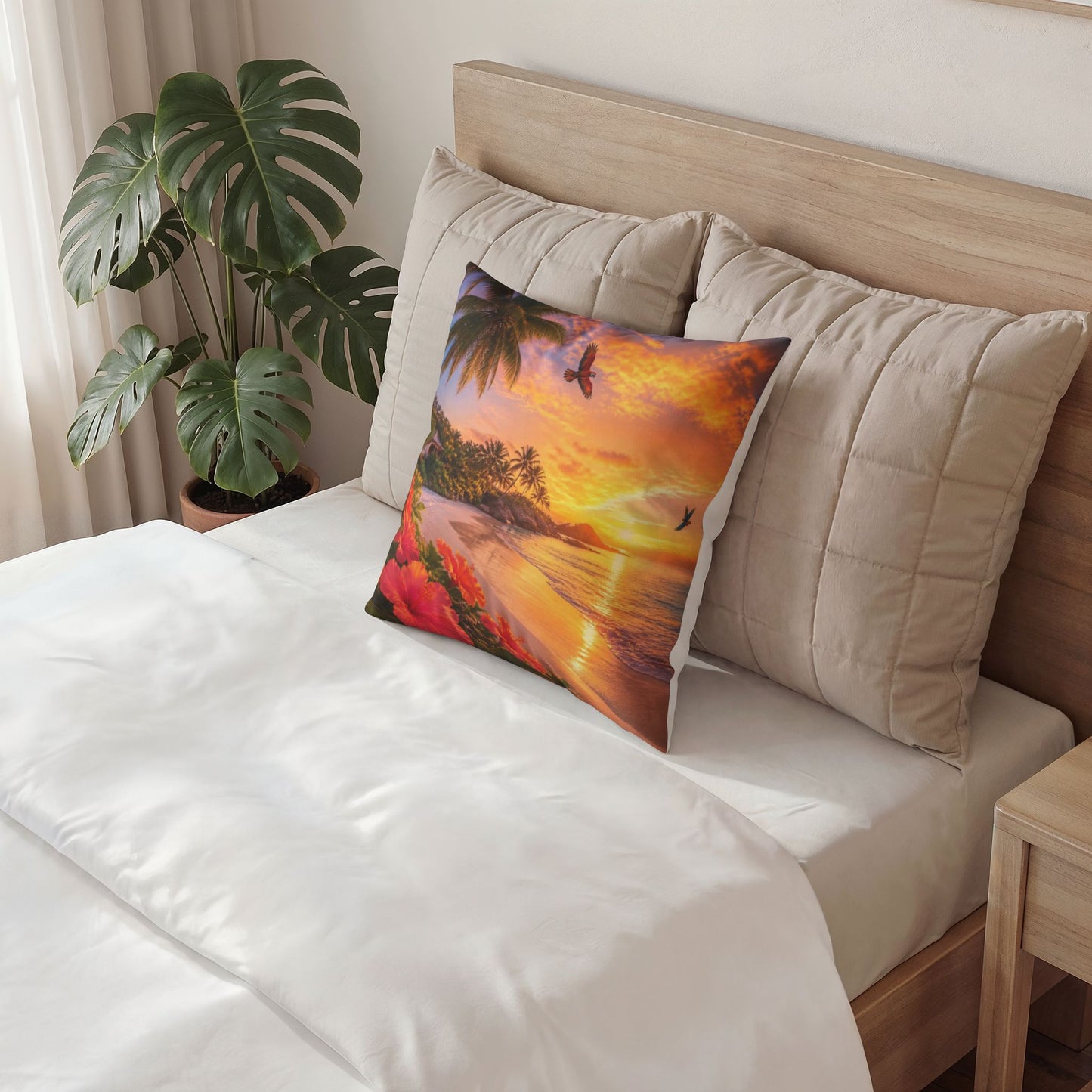 Tropical Sunset Pillow – Beach Scene Poly Velvet Decorative Throw Pillow