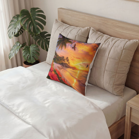 Tropical Sunset Pillow – Beach Scene Poly Velvet Decorative Throw Pillow