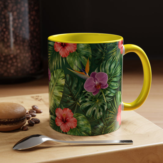 Tropical Floral Coffee Mug — Orchid & Hibiscus Accent 11/15oz
