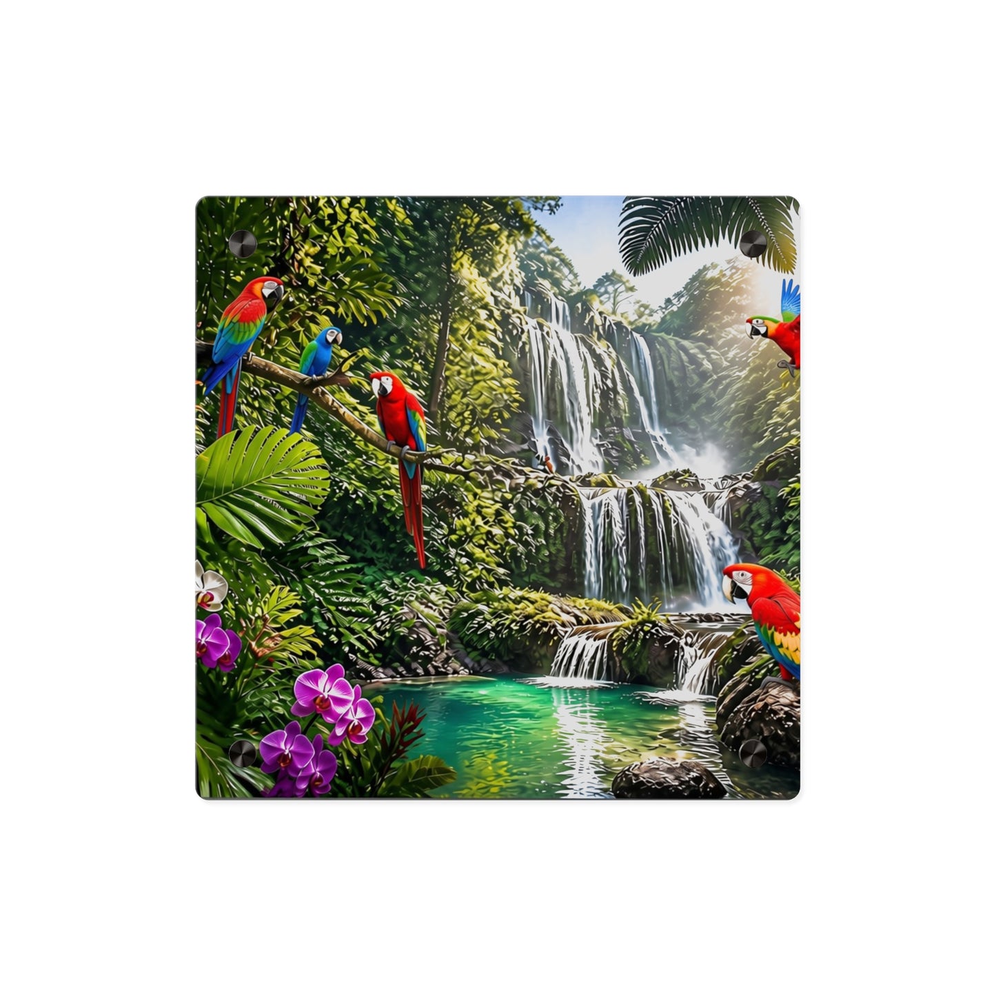 Tropical Waterfall Acrylic Wall Art Panel — Parrots & Jungle Oasis