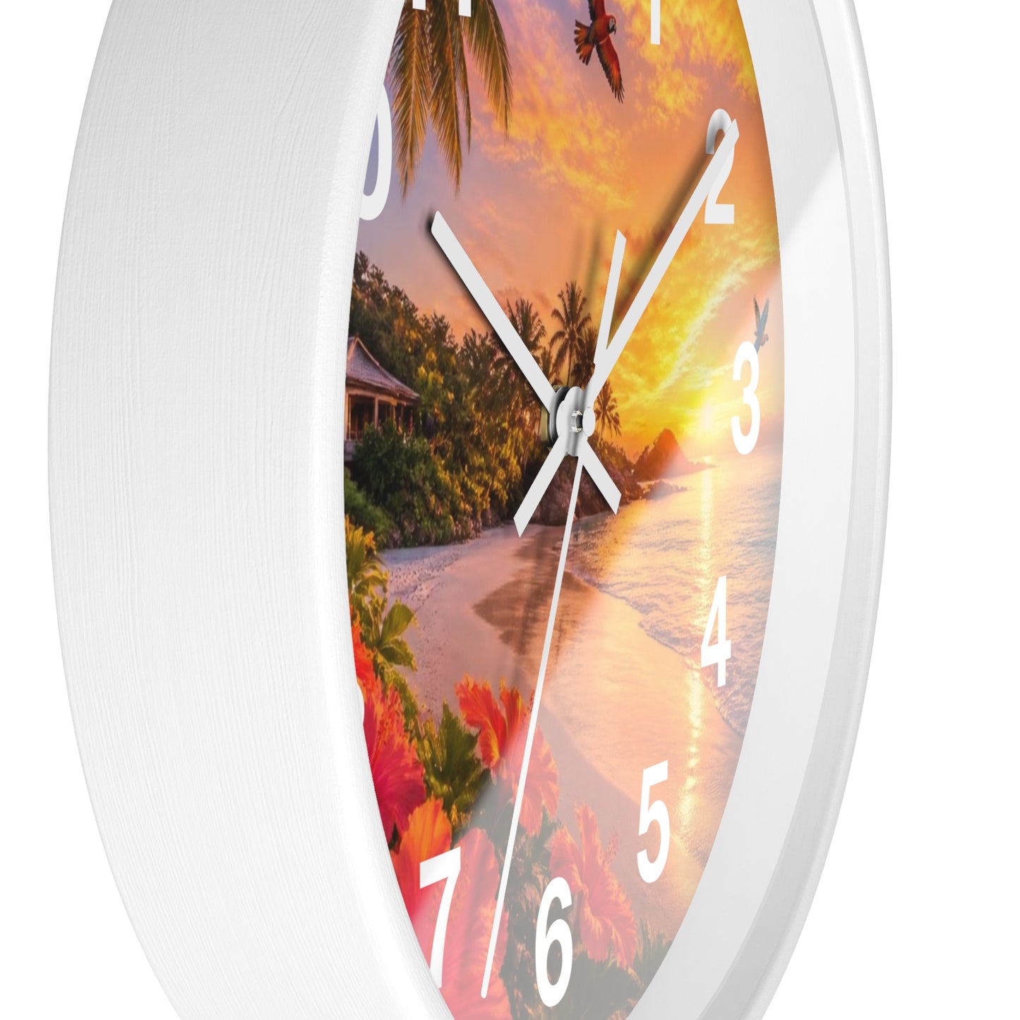 Tropical Sunset Wall Clock — Beachscape Clock with Hibiscus & Palm Design