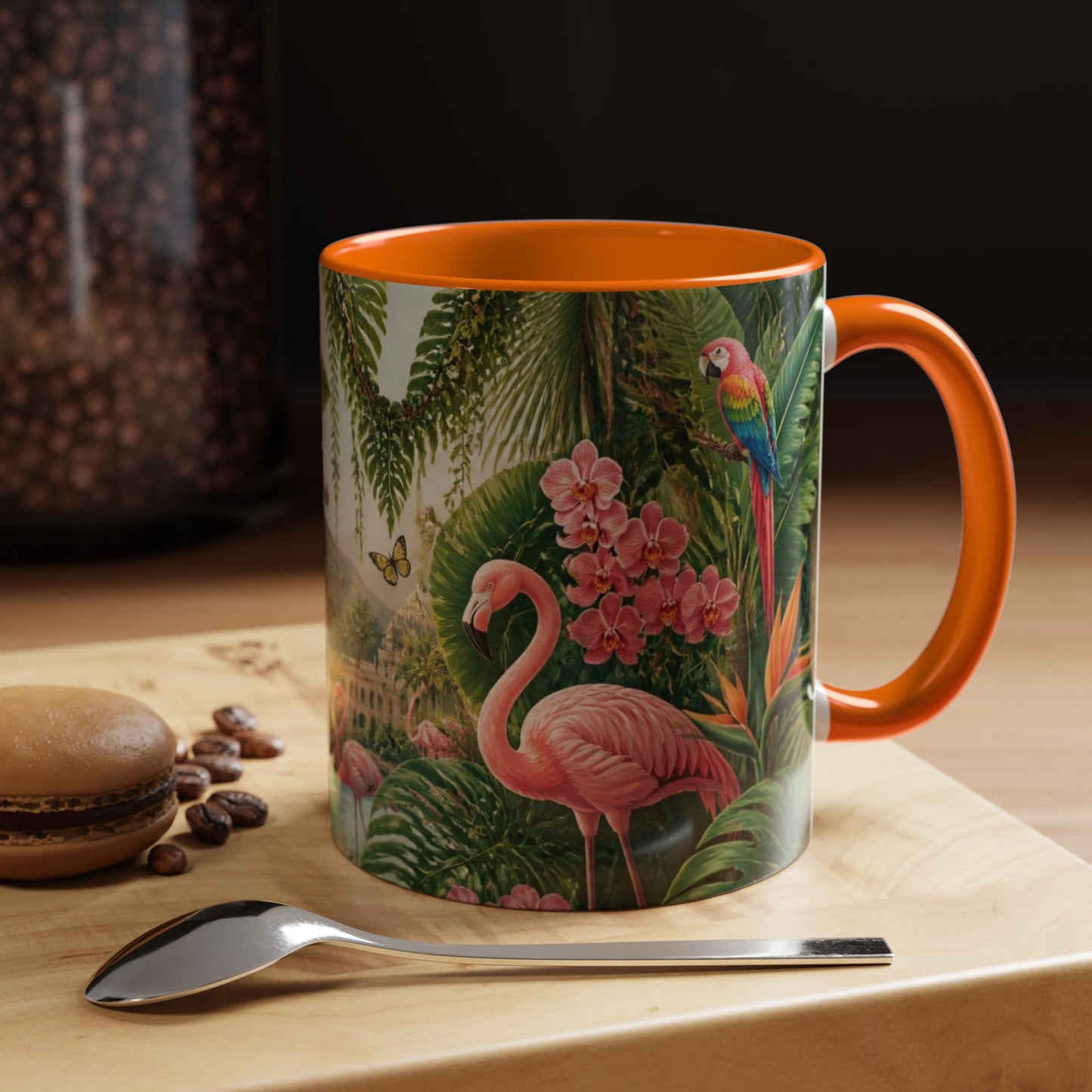 Tropical Flamingo Accent Mug — Colorful Parrot & Palm Coffee Cup