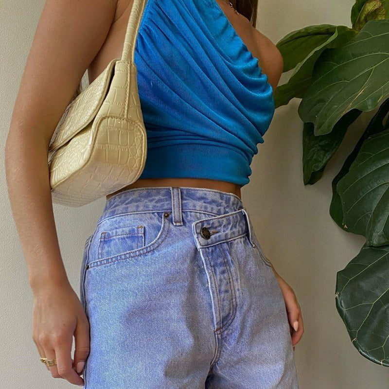 One Shoulder Ruched Crop Top – Women's Summer Sleeveless Tank