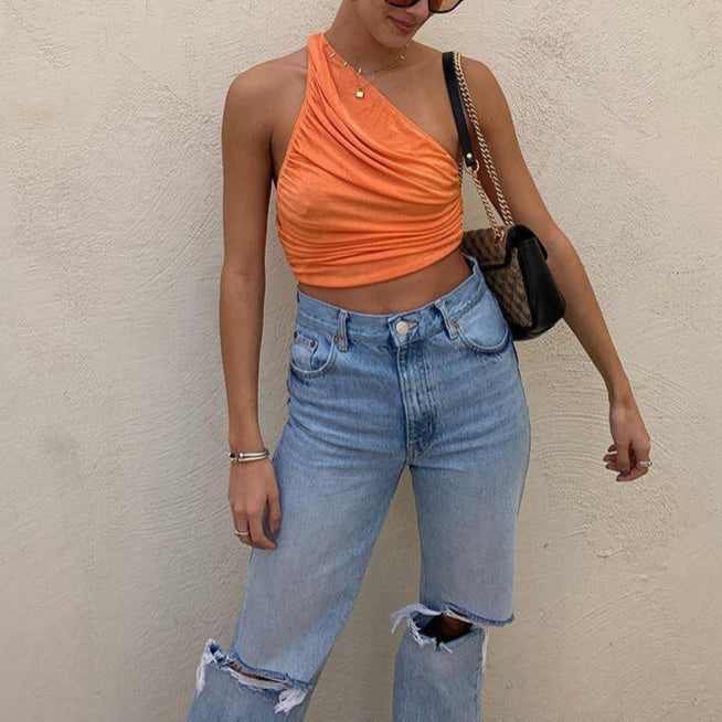 One Shoulder Ruched Crop Top – Women's Summer Sleeveless Tank