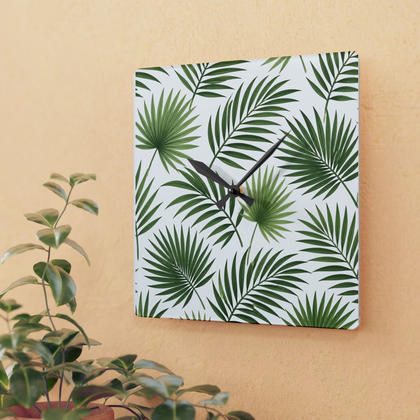 Tropical Palm Leaf Acrylic Wall Clock — Botanical Green Home Decor