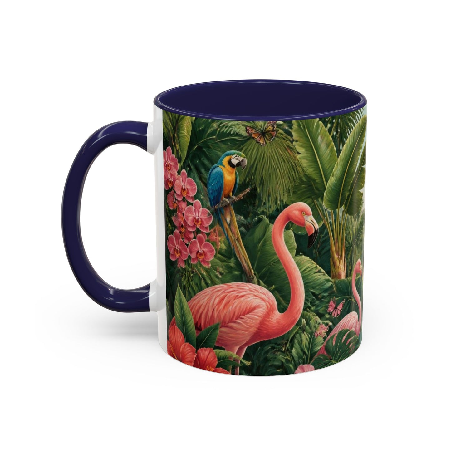 Tropical Flamingo Accent Mug — Colorful Parrot & Palm Coffee Cup