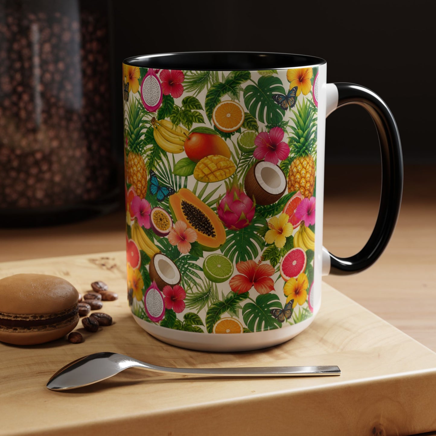 Tropical Fruit Coffee Mug — Colorful Pineapple & Hibiscus Accent Ceramic Mug (11/15oz)