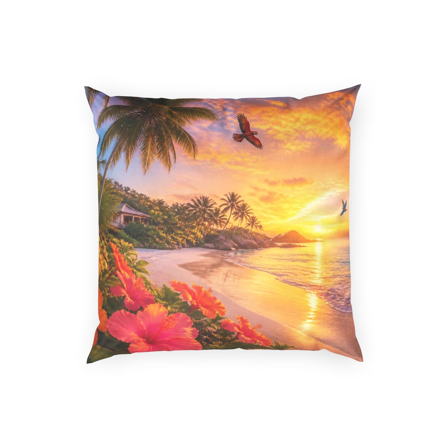 Tropical Sunset Pillow – Beach Scene Poly Velvet Decorative Throw Pillow