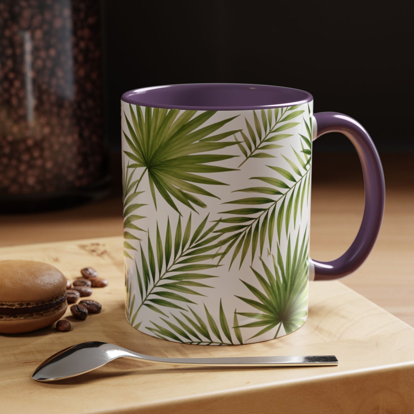 Tropical Palm Accent Coffee Mug – Green Leaf Pattern, 11/15oz