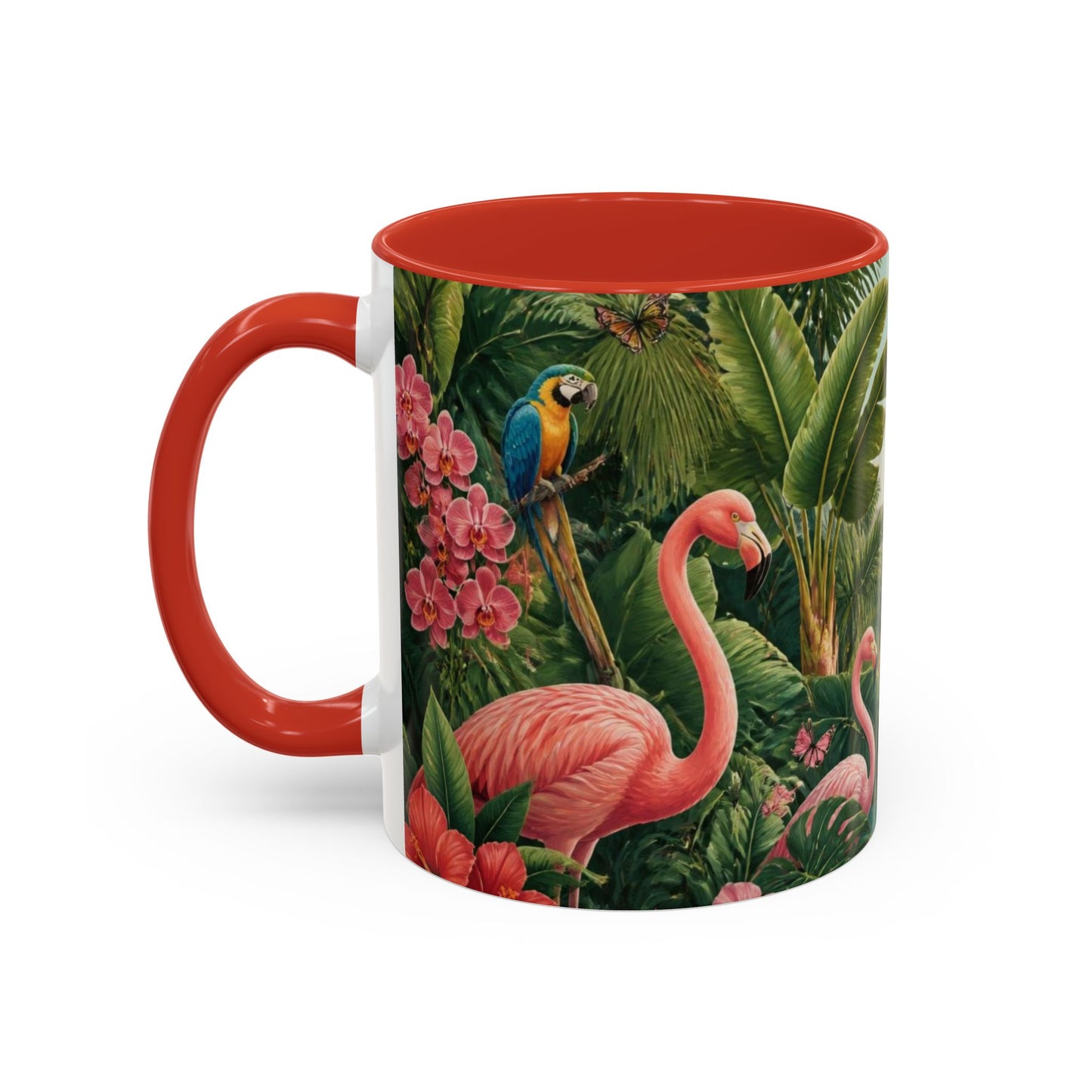 Tropical Flamingo Accent Mug — Colorful Parrot & Palm Coffee Cup