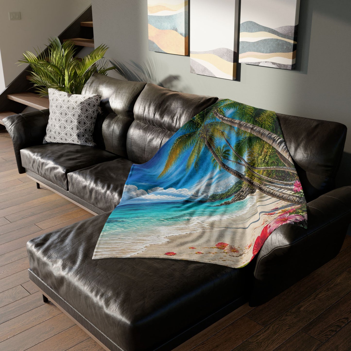 Tropical Beach Blanket — Palm Trees, Ocean Waves & Hibiscus Coastal Throw