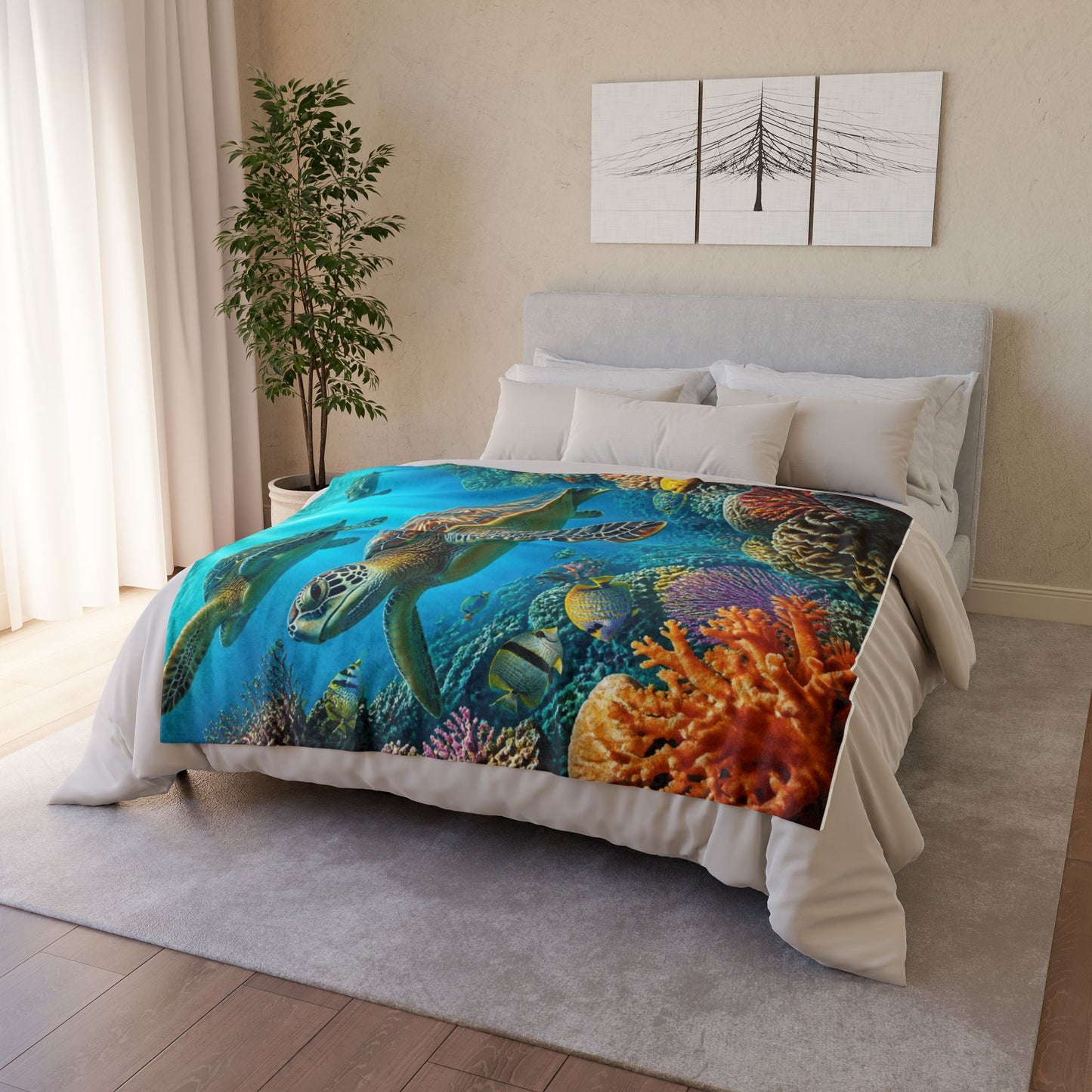 Sea Turtle Ocean Coral Soft Polyester Blanket — Marine Life Throw for Beach Lovers