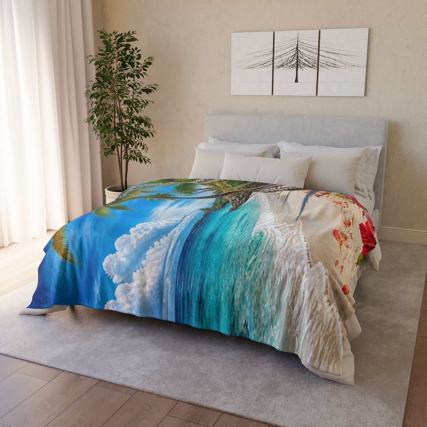 Tropical Beach Blanket — Palm Trees, Ocean Waves & Hibiscus Coastal Throw