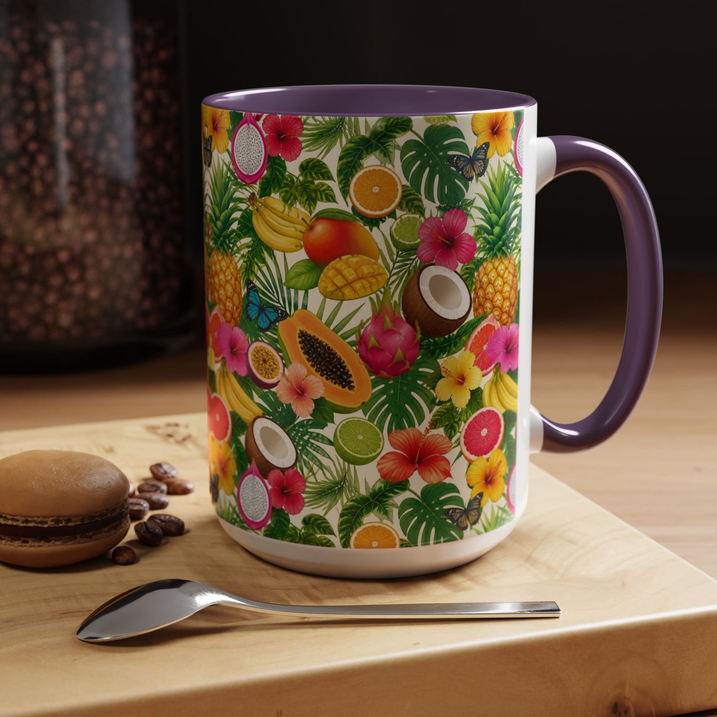 Tropical Fruit Coffee Mug — Colorful Pineapple & Hibiscus Accent Ceramic Mug (11/15oz)