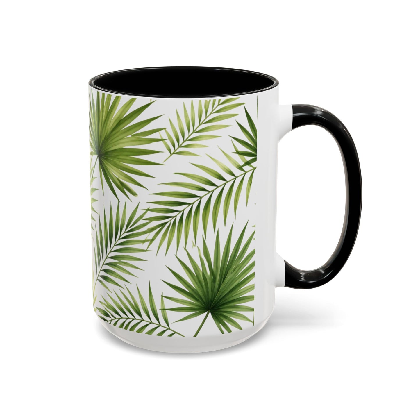 Tropical Palm Accent Coffee Mug – Green Leaf Pattern, 11/15oz