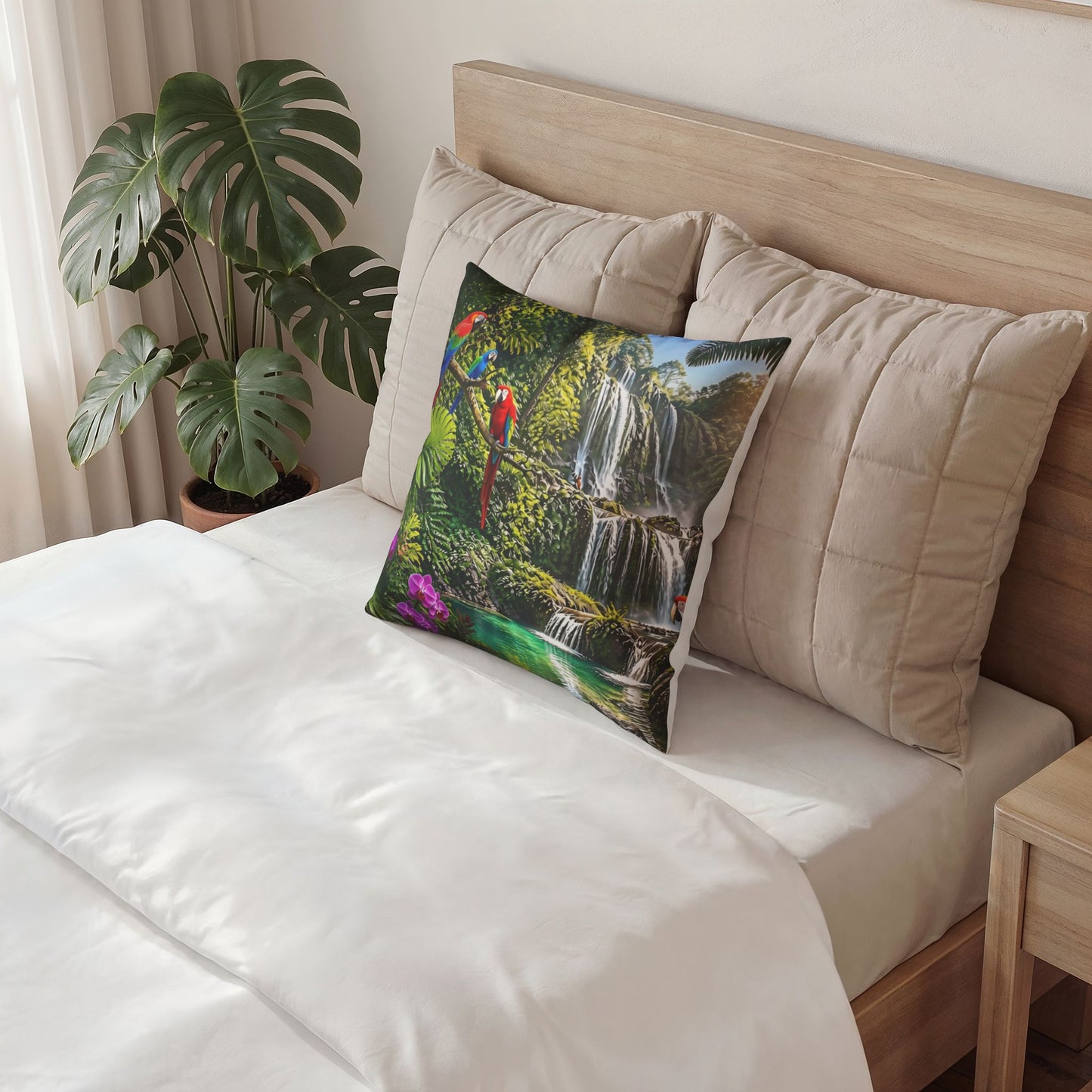 Tropical Waterfall Pillow - Velvet Parrot Paradise Throw Pillow