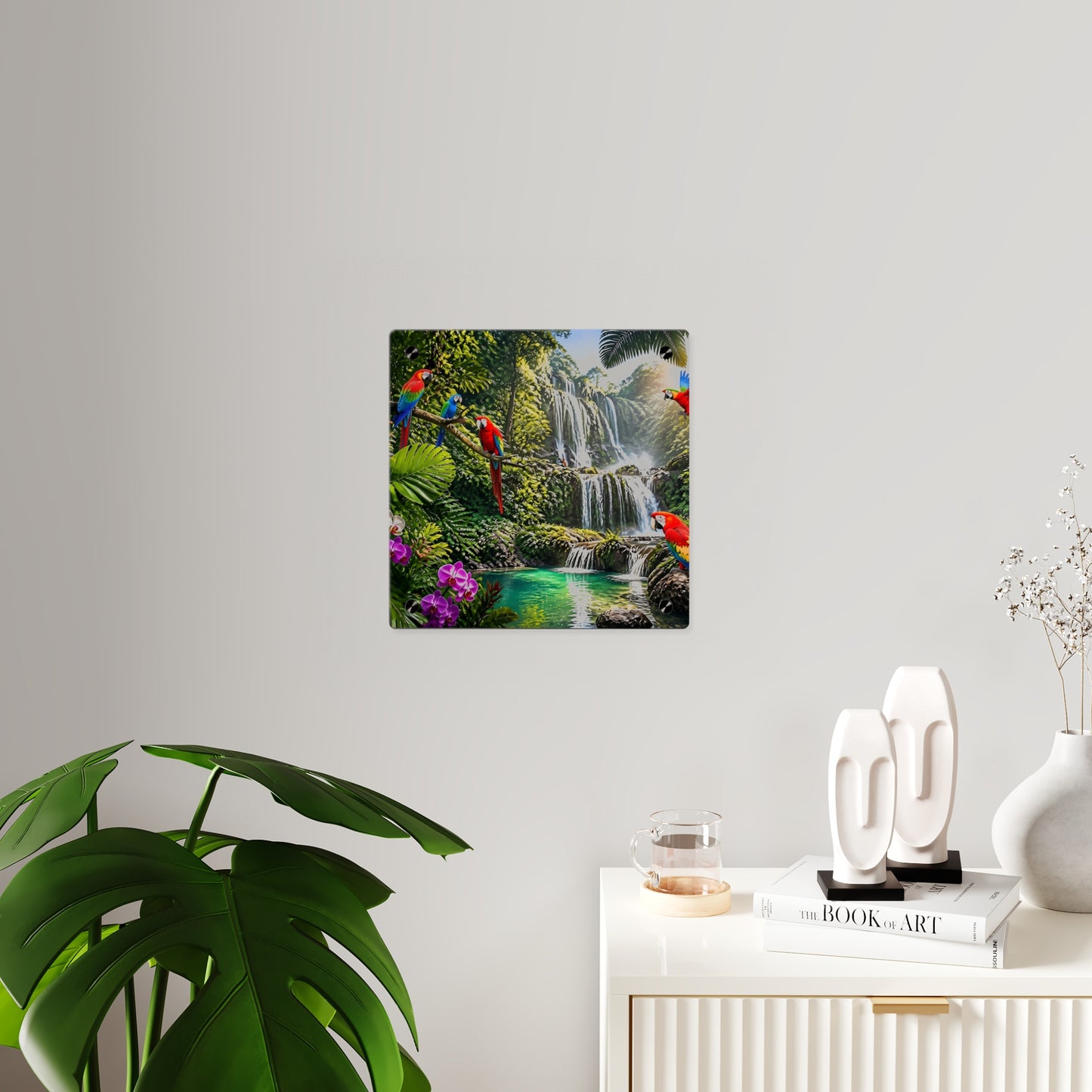 Tropical Waterfall Acrylic Wall Art Panel — Parrots & Jungle Oasis
