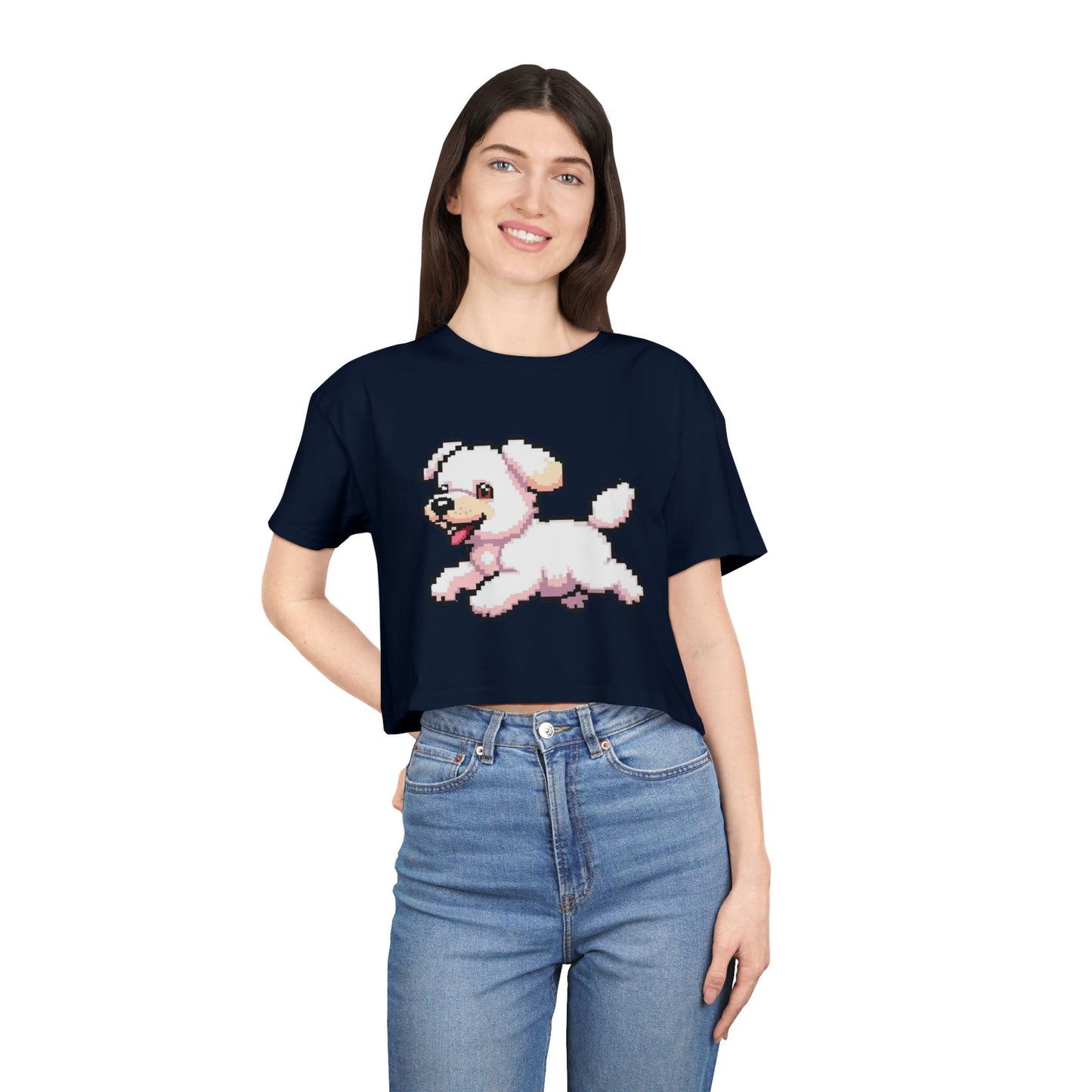 Playful Retro Dog Women's Crop Tee, Cute Animal Top, Summer Shirt, Gift for Dog Lovers, Casual Style, Beachwear