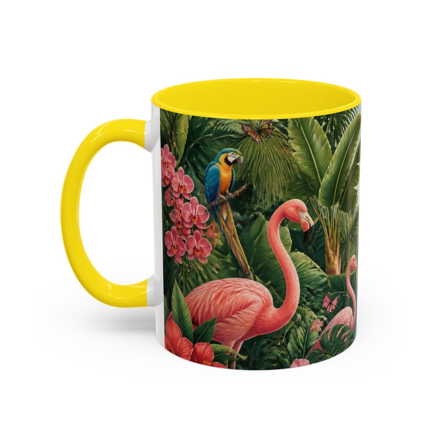 Tropical Flamingo Accent Mug — Colorful Parrot & Palm Coffee Cup