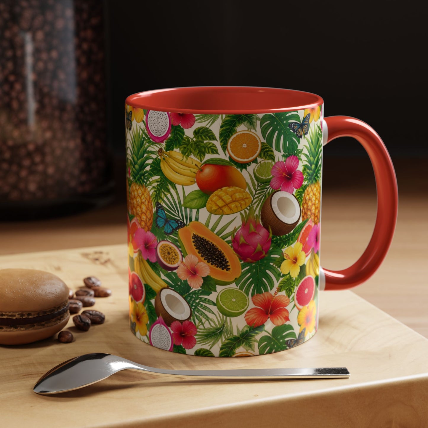 Tropical Fruit Coffee Mug — Colorful Pineapple & Hibiscus Accent Ceramic Mug (11/15oz)