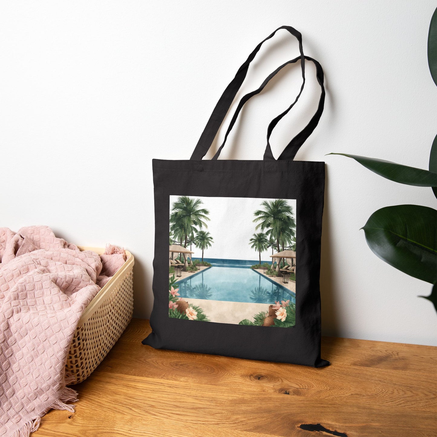 Tote Bag — Vintage Tropical Pool Canvas Tote (Palm Trees & Hibiscus)