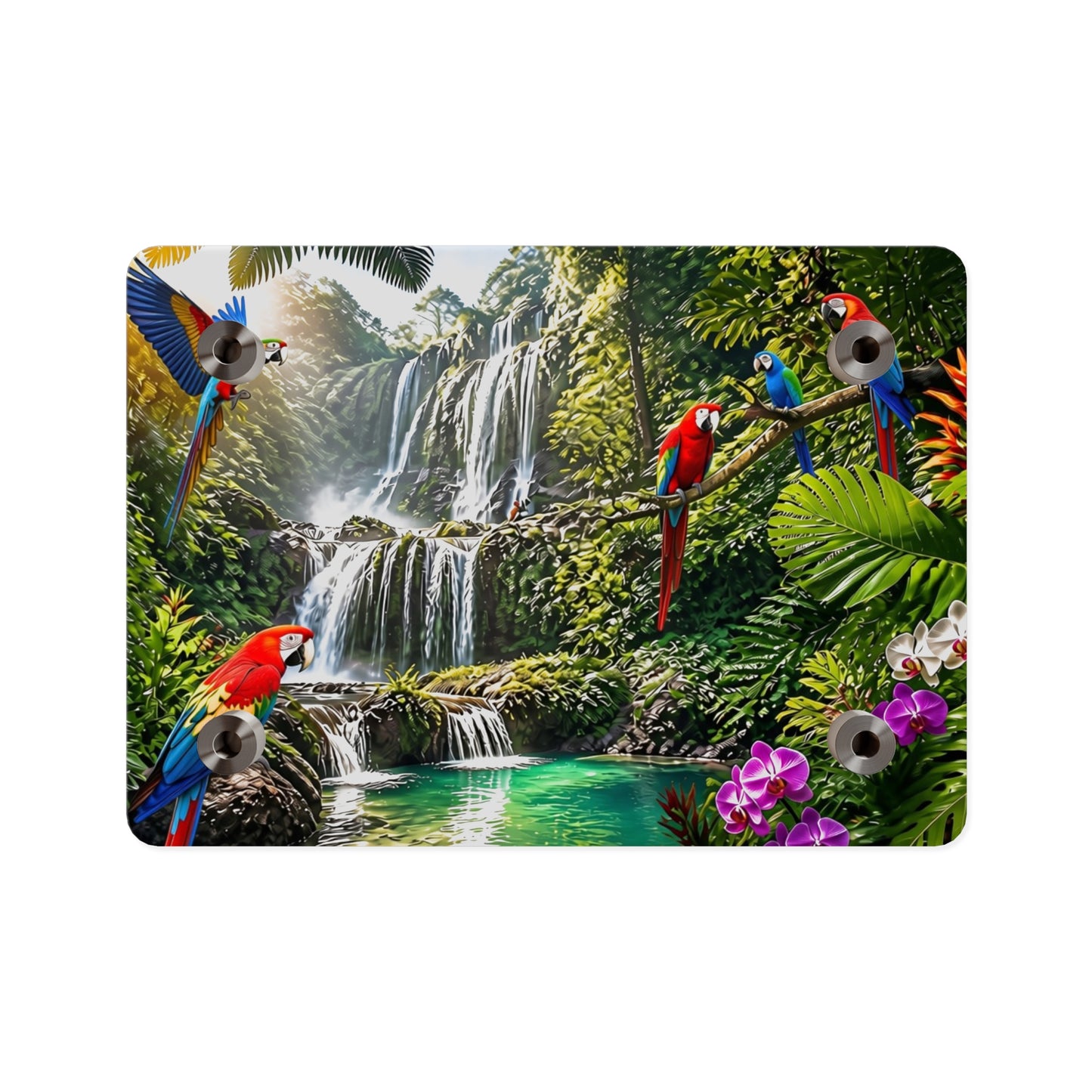 Tropical Waterfall Acrylic Wall Art Panel — Parrots & Jungle Oasis