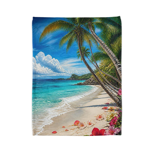Tropical Beach Blanket — Palm Trees, Ocean Waves & Hibiscus Coastal Throw