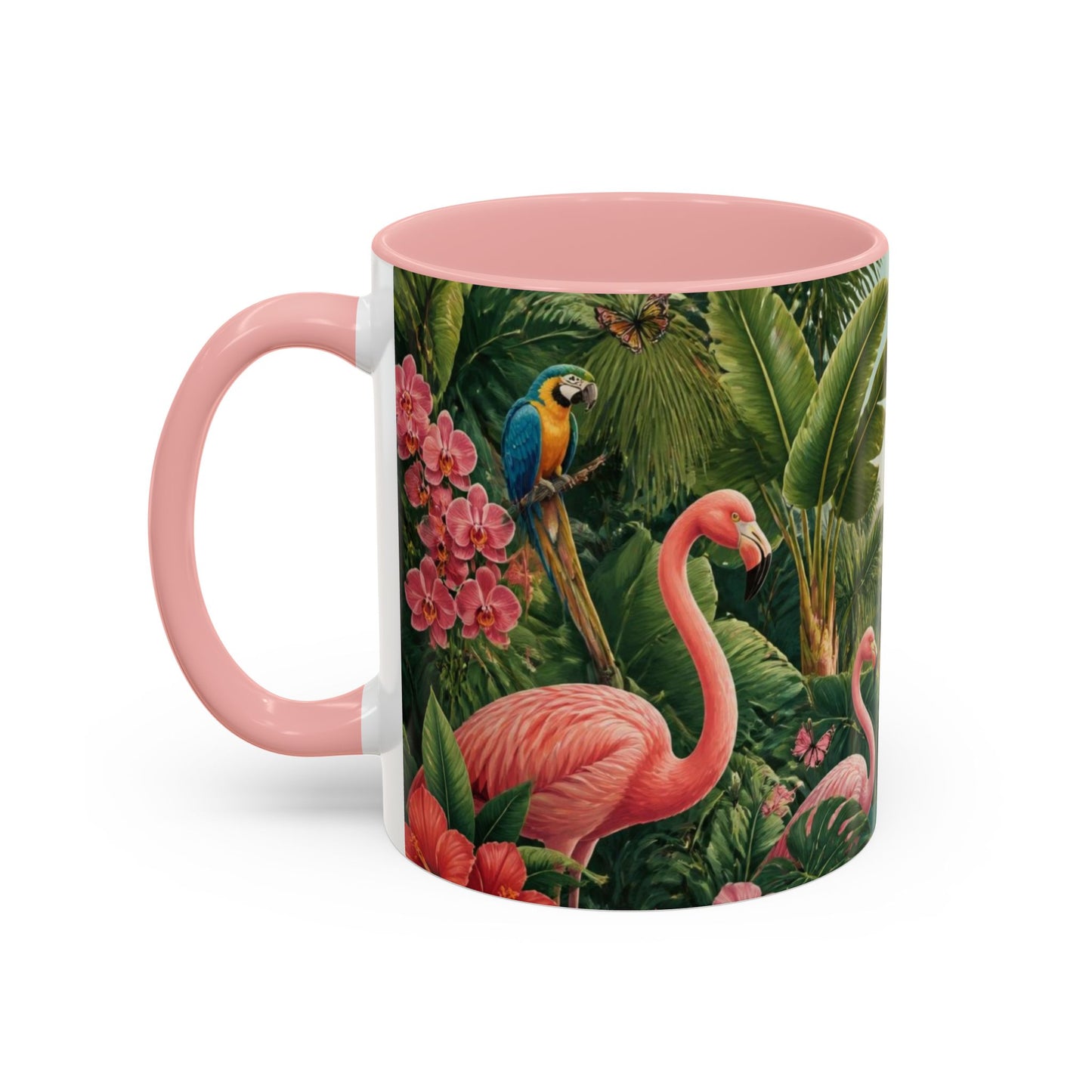 Tropical Flamingo Accent Mug — Colorful Parrot & Palm Coffee Cup