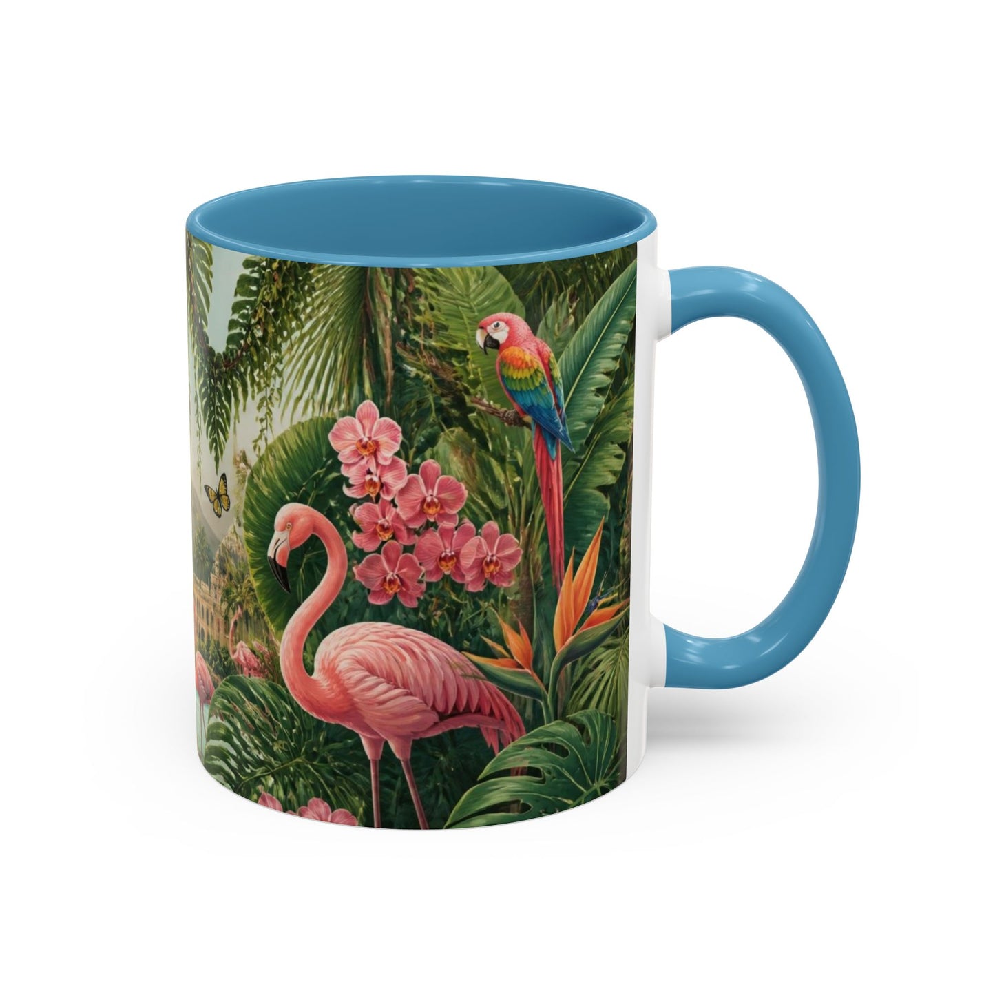 Tropical Flamingo Accent Mug — Colorful Parrot & Palm Coffee Cup