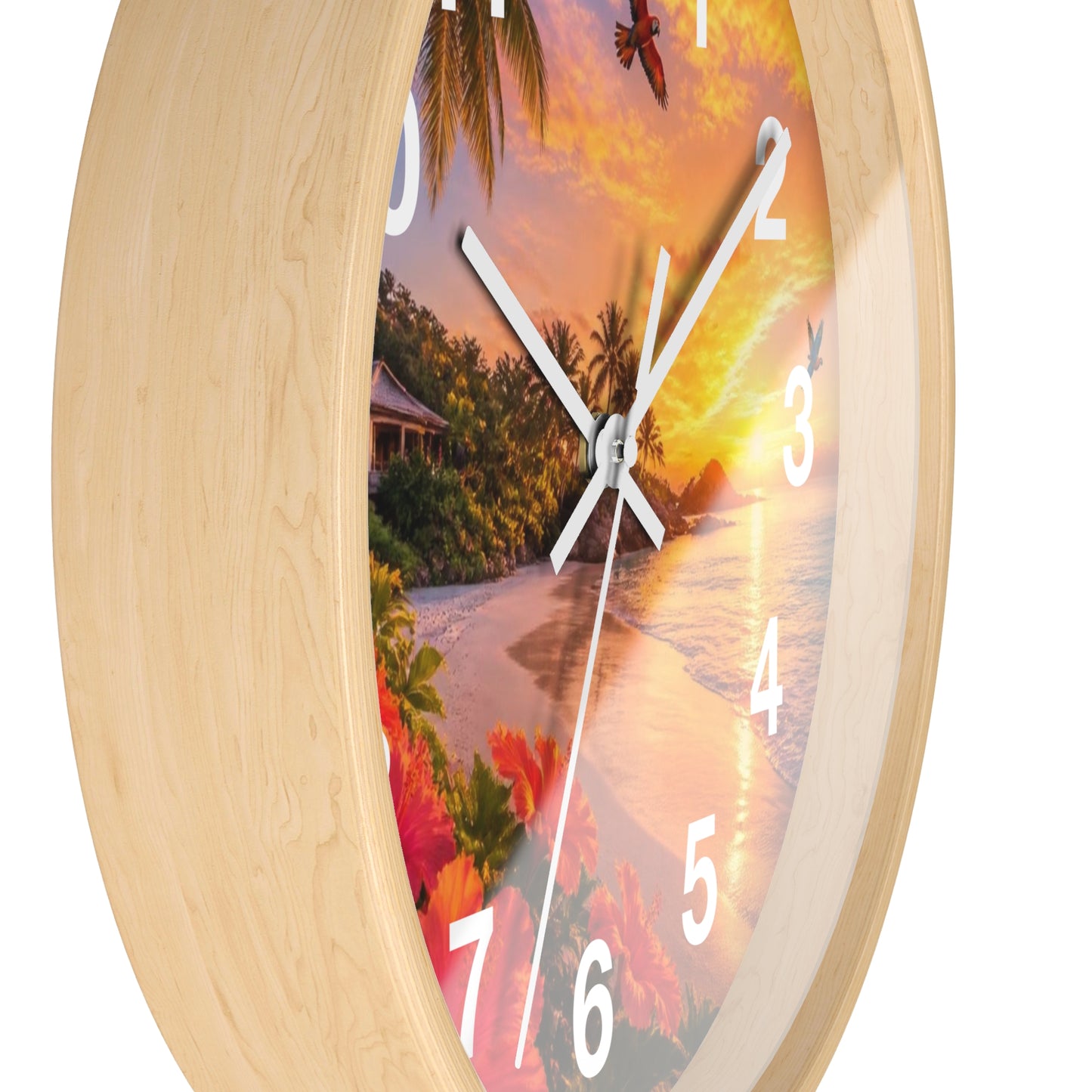 Tropical Sunset Wall Clock — Beachscape Clock with Hibiscus & Palm Design