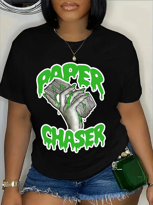 Women’s “Paper Chaser” Crew Neck T-Shirt – Casual Fit, Soft Polyester