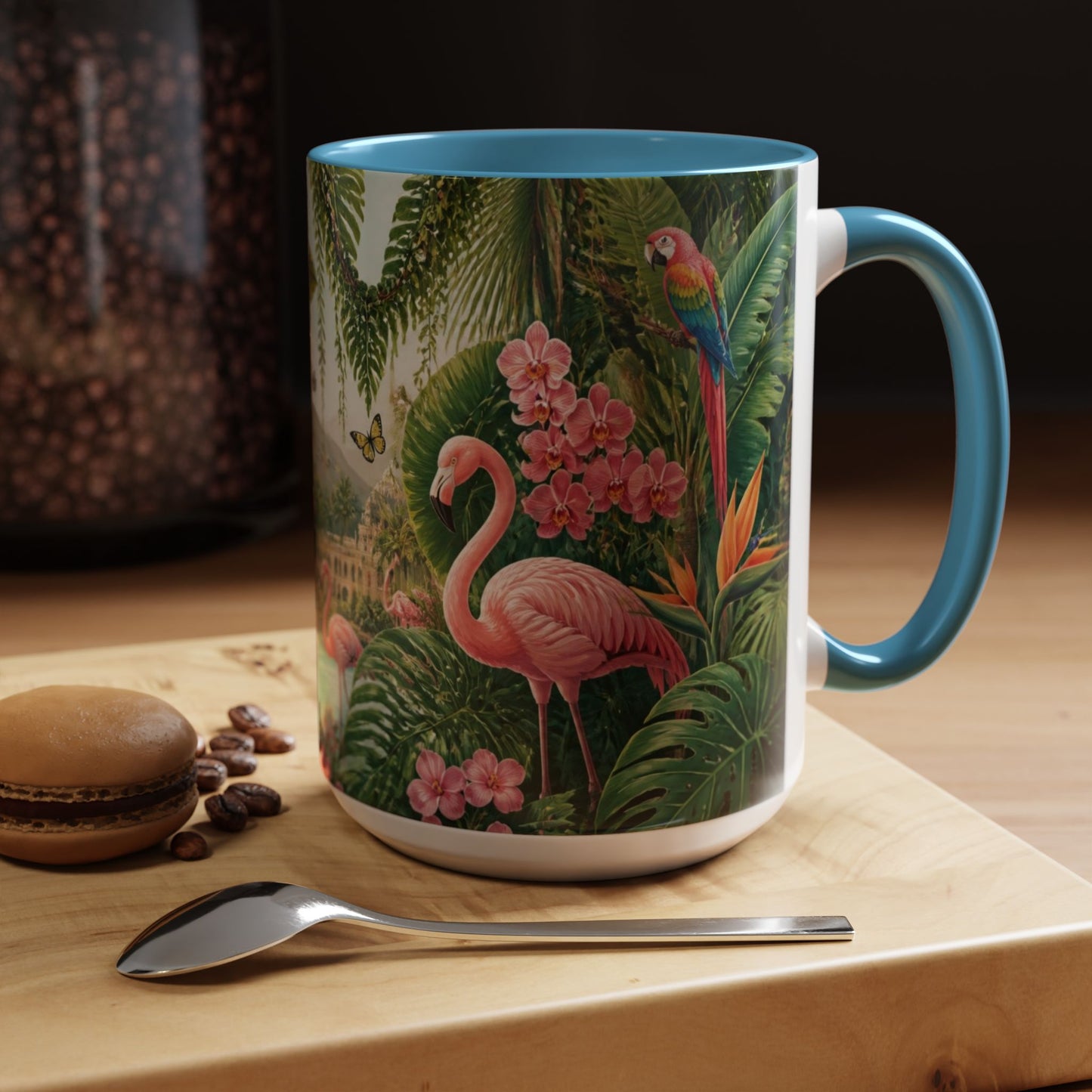 Tropical Flamingo Accent Mug — Colorful Parrot & Palm Coffee Cup