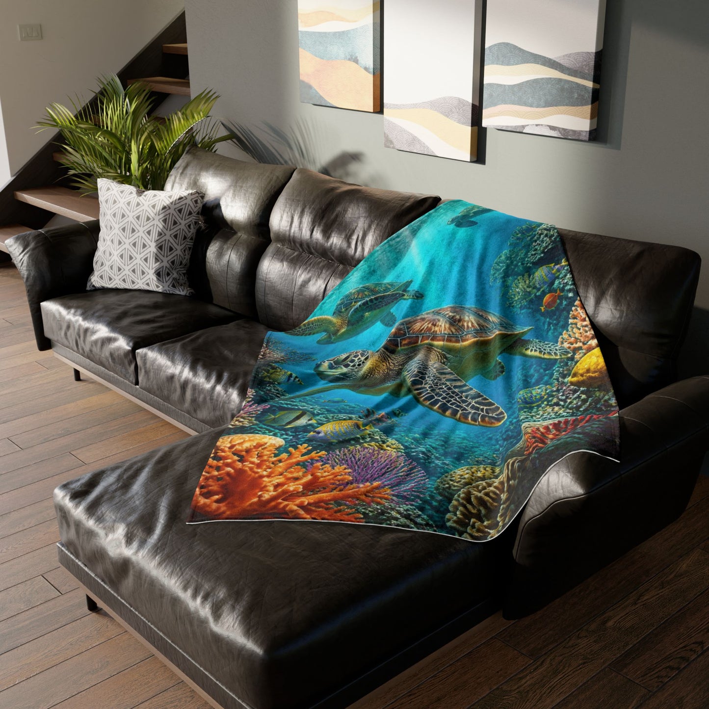 Sea Turtle Ocean Coral Soft Polyester Blanket — Marine Life Throw for Beach Lovers