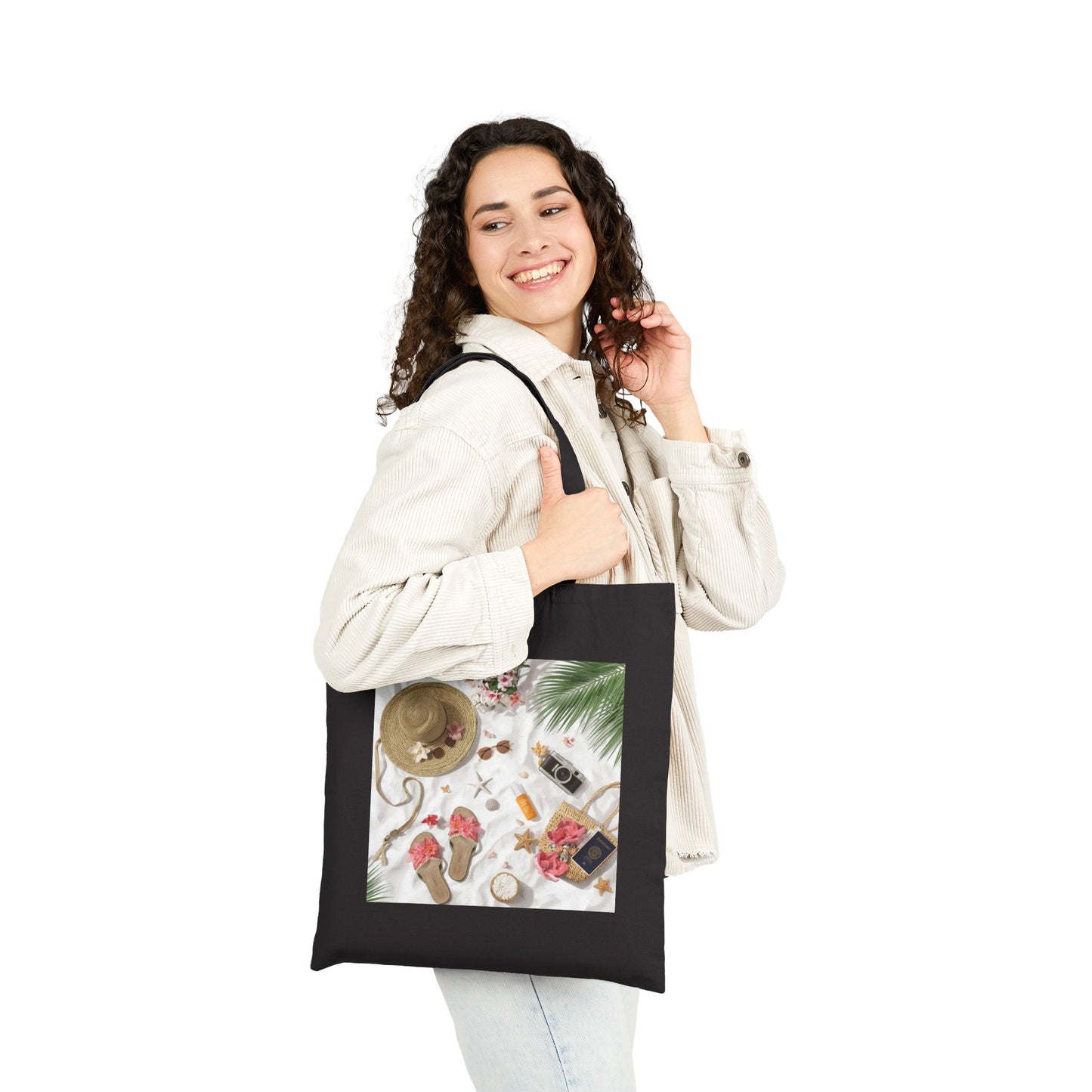 Tote Bag - Tropical Beach Flatlay Canvas Tote (hat, sandals, sunscreen)