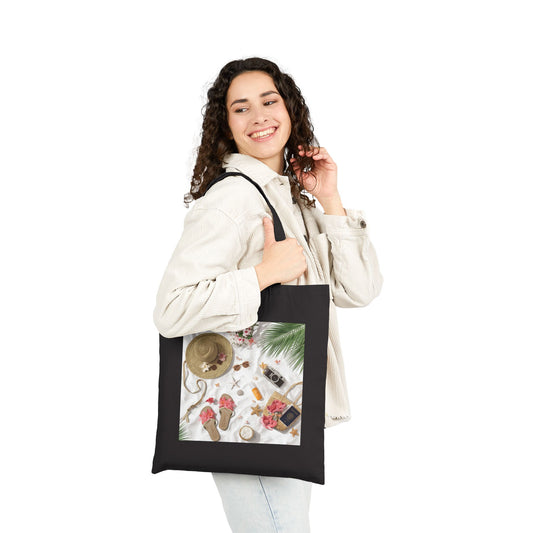 Tote Bag - Tropical Beach Flatlay Canvas Tote (hat, sandals, sunscreen)