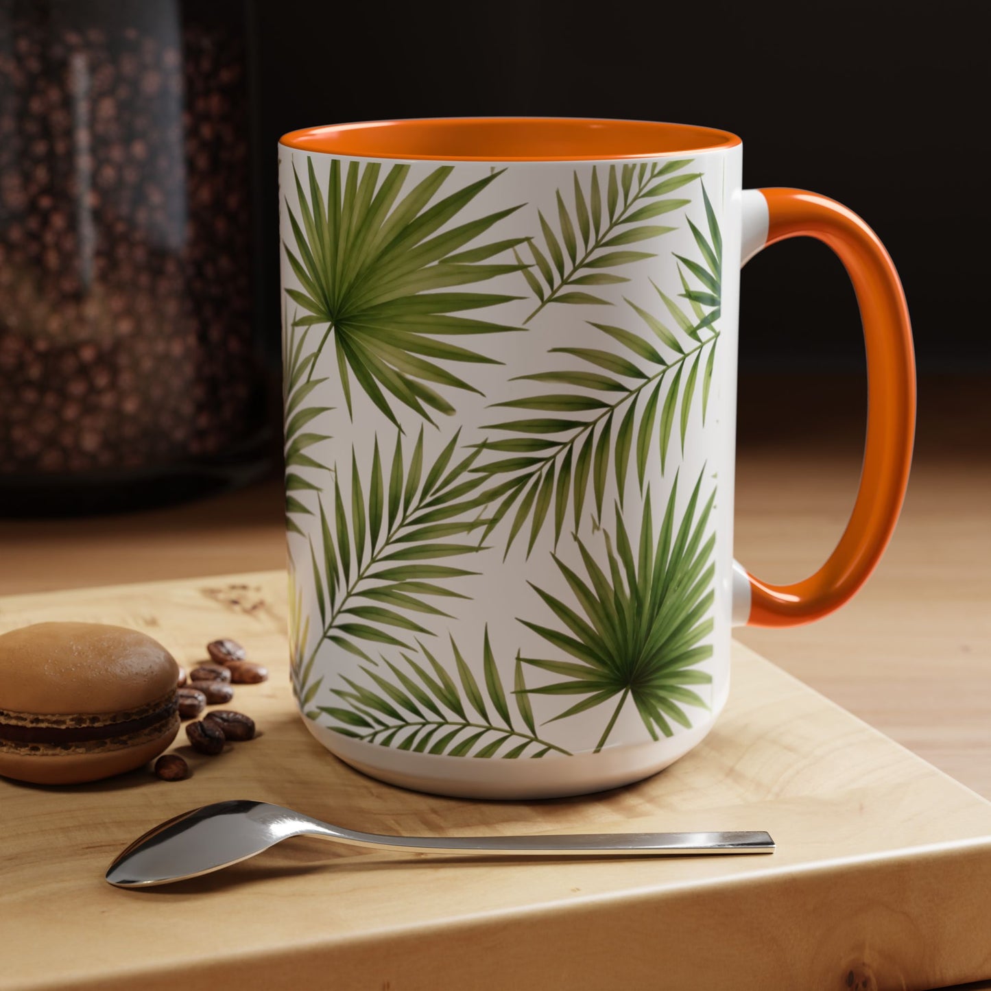 Tropical Palm Accent Coffee Mug – Green Leaf Pattern, 11/15oz