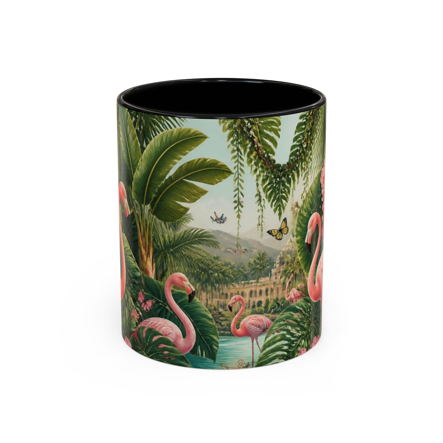 Tropical Flamingo Accent Mug — Colorful Parrot & Palm Coffee Cup