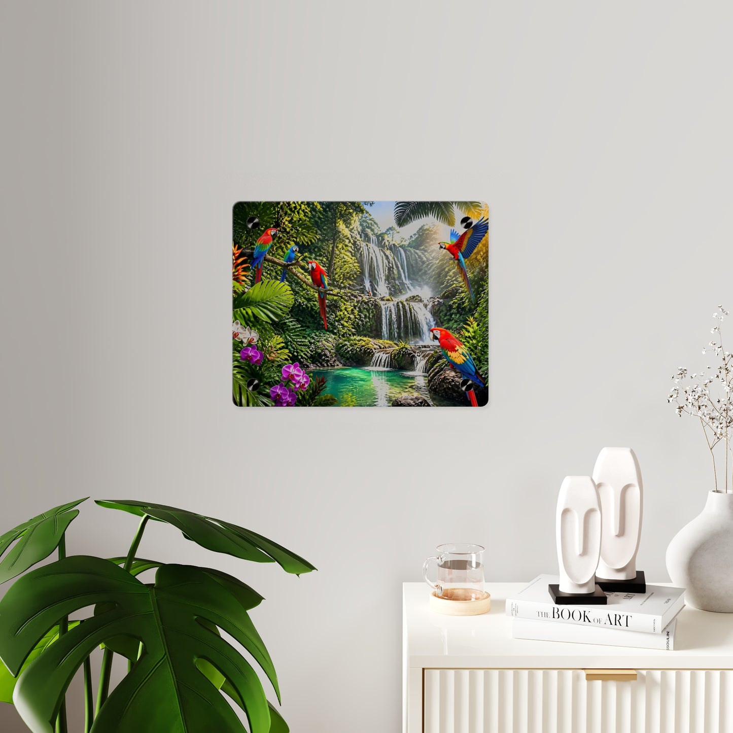 Tropical Waterfall Acrylic Wall Art Panel — Parrots & Jungle Oasis