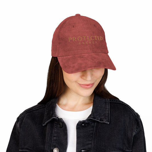 Protected Energy Embroidered Corduroy Cap — Vintage Dad Hat with Shield Patch