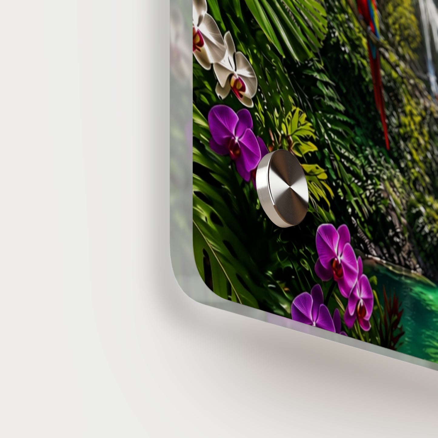 Tropical Waterfall Acrylic Wall Art Panel — Parrots & Jungle Oasis