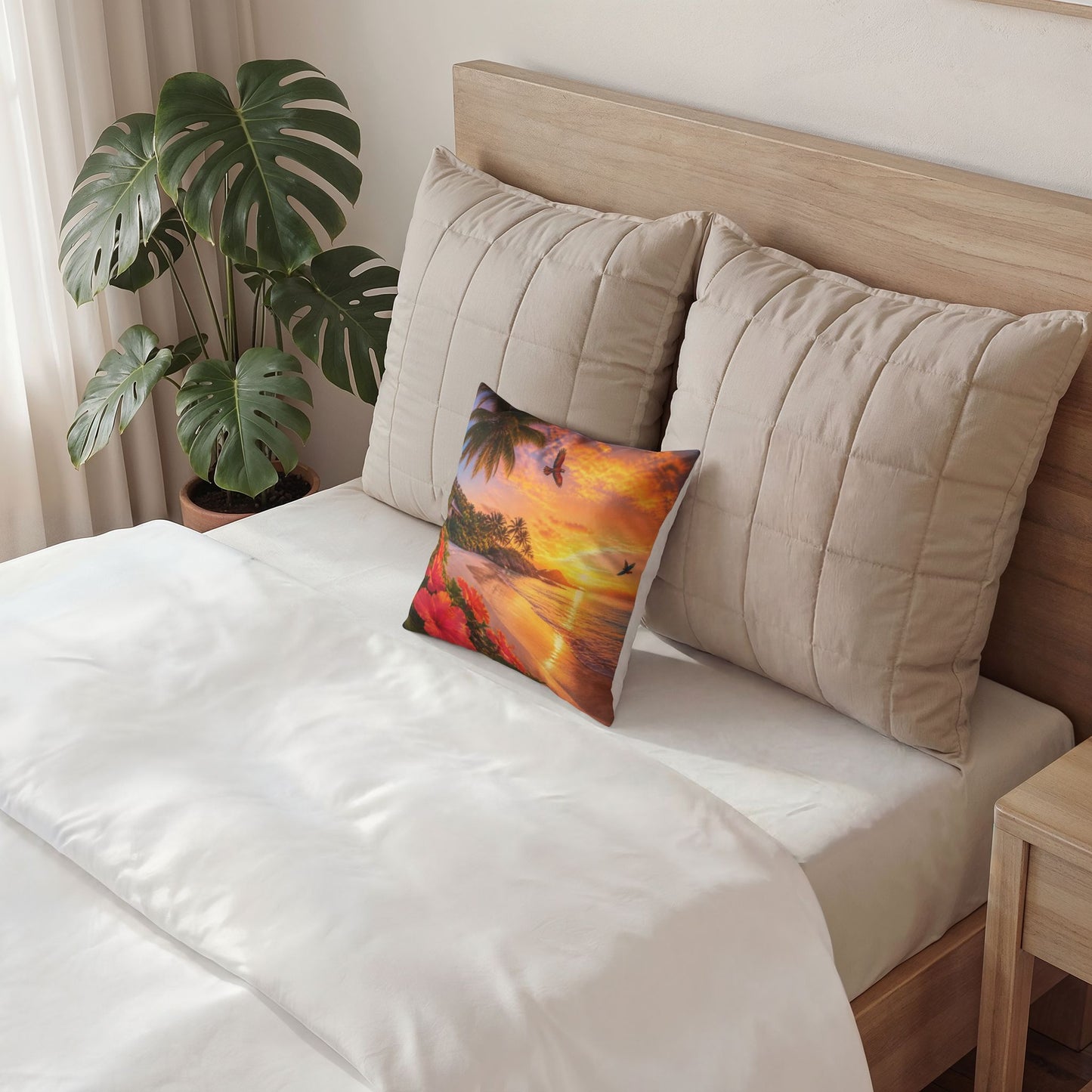 Tropical Sunset Pillow – Beach Scene Poly Velvet Decorative Throw Pillow