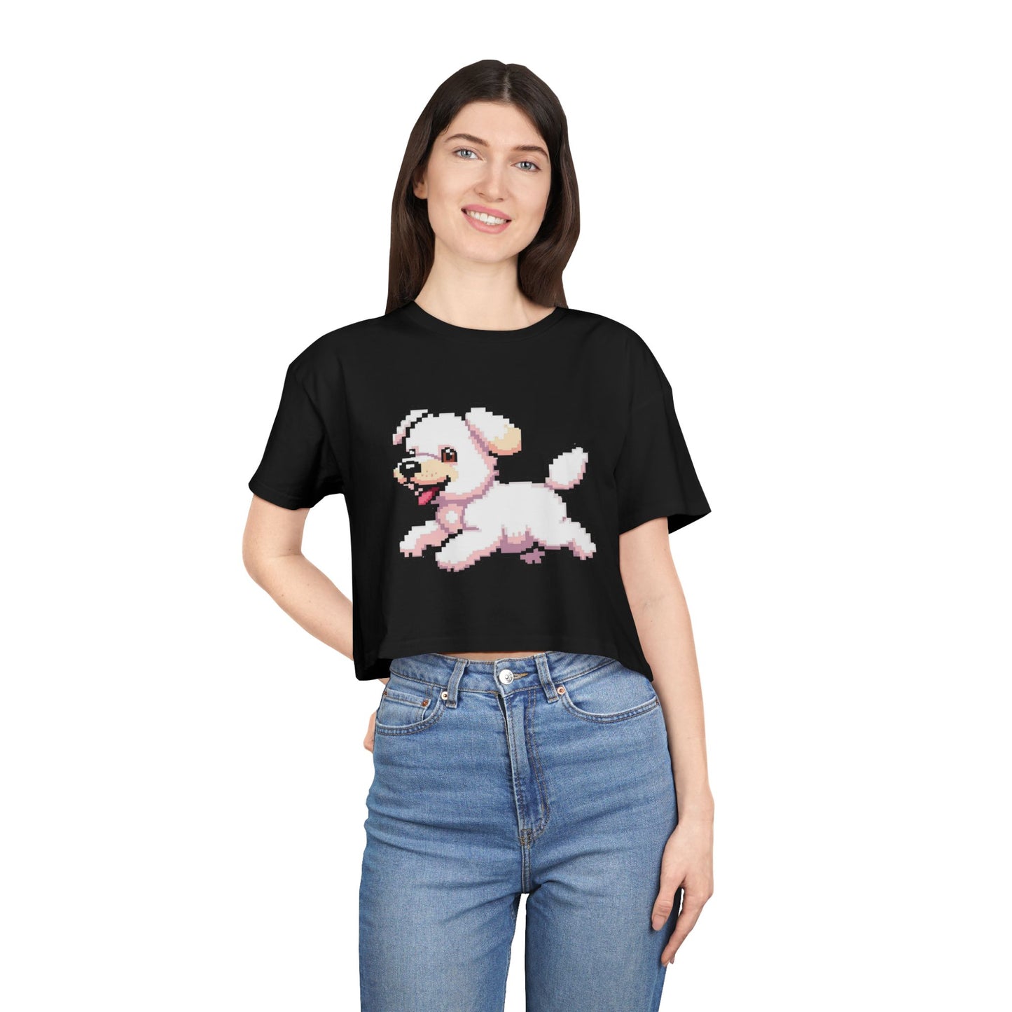 Playful Retro Dog Women's Crop Tee, Cute Animal Top, Summer Shirt, Gift for Dog Lovers, Casual Style, Beachwear