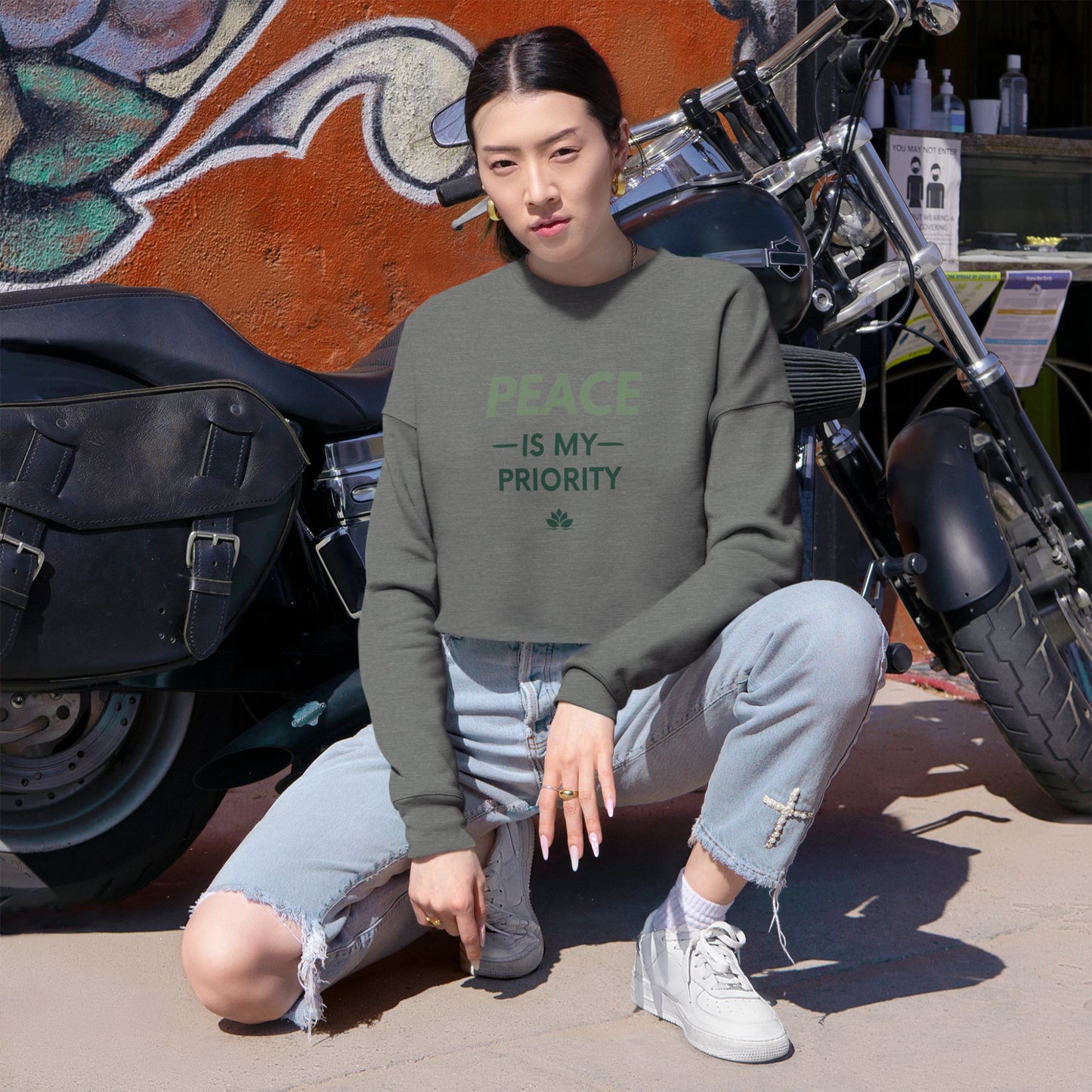 Cropped Sweatshirt — "Peace Is My Priority" Relaxed Women's Pullover